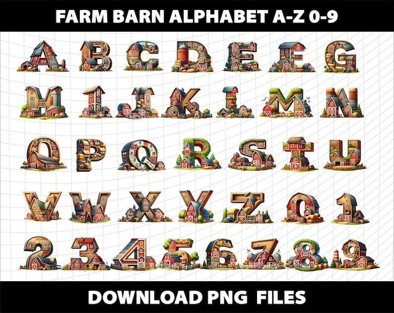 Farm Barn House Letters Alphabet Cliparts Watercolor Sublimation PNG ...