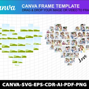 Heart Love Photo Collage Canva Frame Valentines Day Template Svg - Cdr - Ai - Canva Design Photo Fill Editable Download Digital File