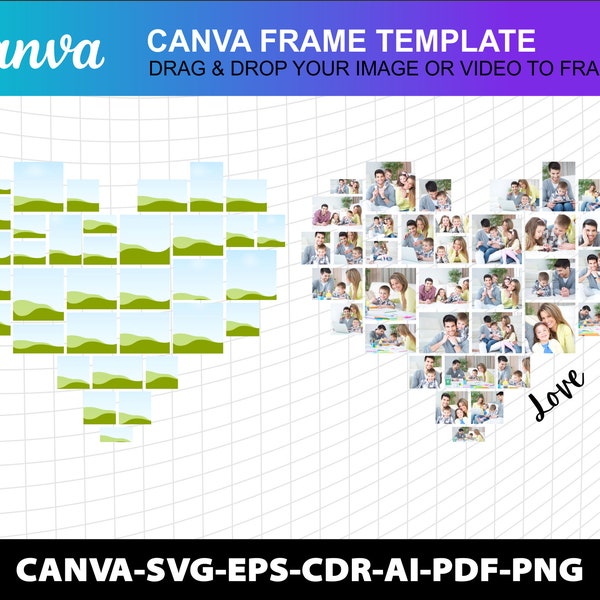 Coeur amour Photo Collage Canva Frame Template Svg - Cdr - Ai - Canva Design Photo Fill fichier numérique à téléchargement modifiable