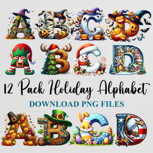 Letras del alfabeto de Halloween, día de acción de gracias, Navidad, imágenes prediseñadas de acuarela, diseño de garabatos PNG de sublimación, descarga instantánea de archivo digital