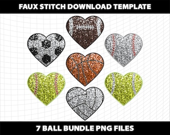 Faux Stitch Embroidery Sequin Glitter Heart Football Basketball Baseball Volleyball Bundle PNG Sublimation Template Download Digital File