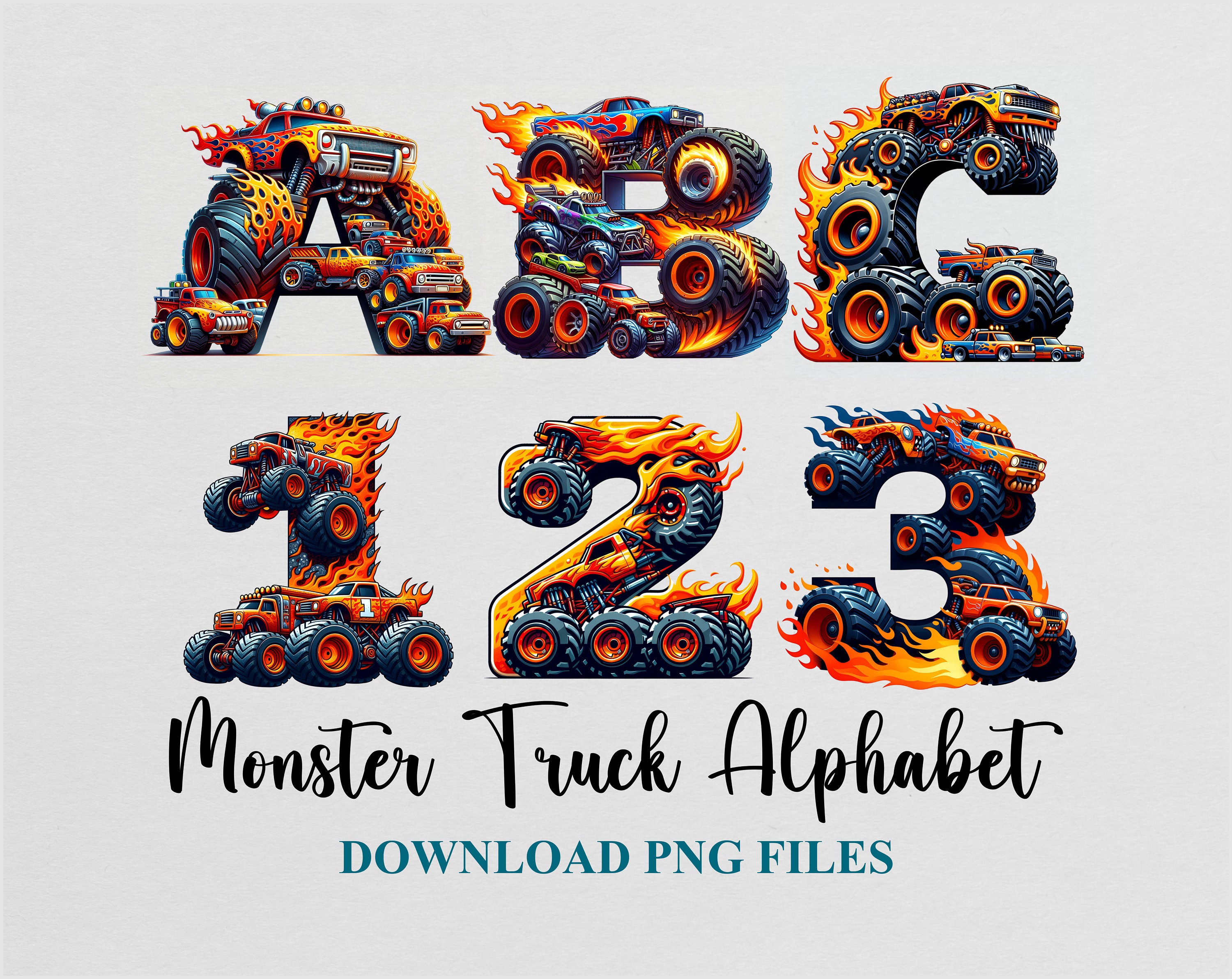 Trick Lettering Monster Truck Alphabet Letters Watercolor Cliparts Birthday Party DTF ...