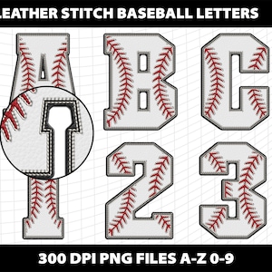 May include: Set of white leather baseball letters and numbers with red stitching. The letters are A, B, C and the numbers are 2 and 3. The letters and numbers are in a vintage style font. 300 DPI PNG files A-Z 0-9.
