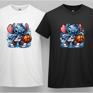 May include: Two t-shirts featuring a blue cartoon character with large ears, wearing a basketball jersey and holding a basketball. The character is surrounded by blue water splashes. One t-shirt is white and the other is black.