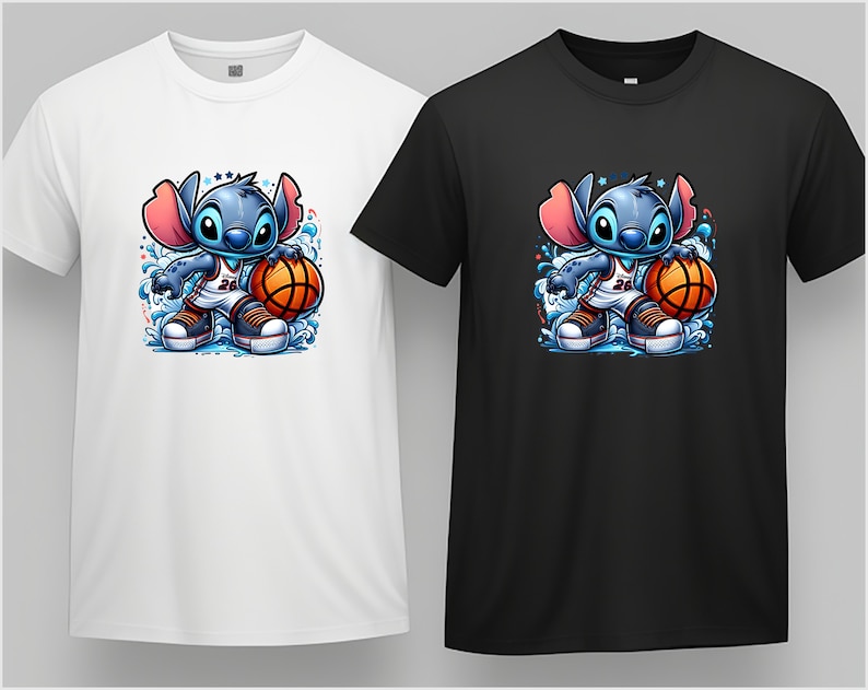 May include: Two t-shirts featuring a blue cartoon character with large ears, wearing a basketball jersey and holding a basketball. The character is surrounded by blue water splashes. One t-shirt is white and the other is black.