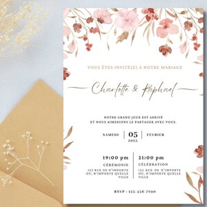 Ensemble de faire-part de mariage et de remerciement, modèles de texte modifiables en français, espagnol et anglais.
