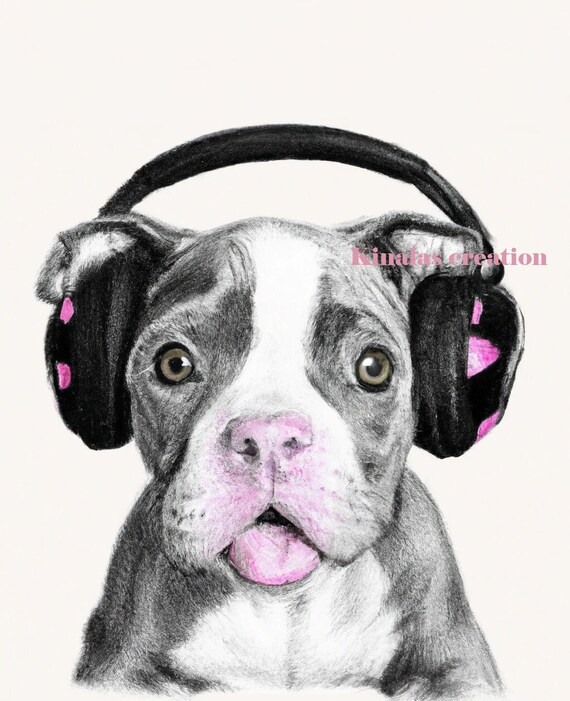 Baby Pitbull Wearing Black and Pink Headphones - Etsy