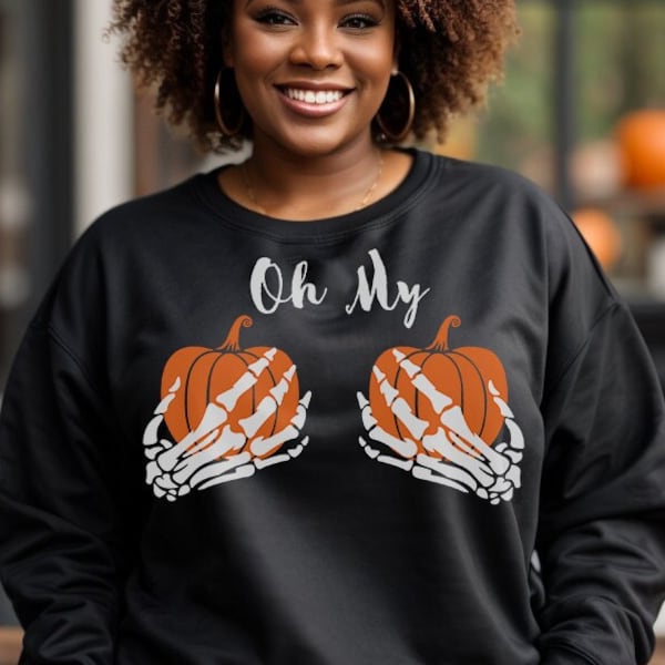 Pumpkin Bust Halloween Sweatshirt | Funny Pumpkin Sweatshirt with Skeletal Hands Cradling Plump Pumpkins - Risque Halloween Themed Sweater