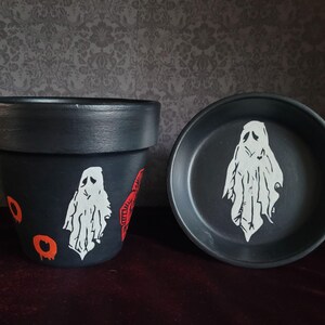 Hand Painted Terracotta Pot, Ghost Rose planter, Spooky home, desk decor, 4-inch flower pot  for indoor or outdoor