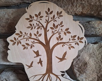 Woman Head Silhouette with Tree of Life and Free Birds Flying, Feel Free Good and Happy Wooden Wall Art, Laser Cut Minimalistic Decor