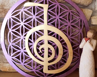 Gold Cho Ku Rei Wall Art, Reiki Healer Gift, Healing Room Decor, Purple Flower Of Life Spiritual Wall Art, Energy Healing Gift