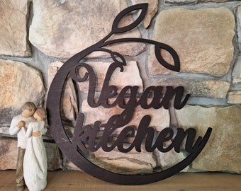 Dark Brown Wooden Vegan Kitchen Sign, New Home Gift,  Sustainable Housewarming Gift, Farmhouse Wall Decor