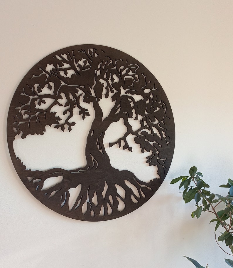 Norse Yggdrasil Tree Of Life Wall Decor, Viking Mythology Symbol Wall Art, Large Dark Brown Ash Tree Laser Cut Wooden Wall Decor image 1