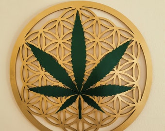 Marijuana Cannabis Leaf Home Wall Decor, Gold Flower Of Life Sacred Geometry Art