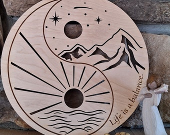 Yin Yang Moon Sun or Mountain Ocean Wall Art, Yoga Wooden Gifts for Her, Boho Wall Decor, Life is a balance quote