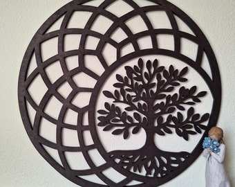 Sacred Geometry Tree Of Life Wall Art, Geometric Dark Brown Wooden Laser Cut Home Decor