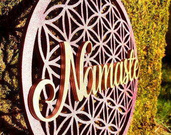 Gold Namaste Sign, Violet Flower Of Life Art, Sacred Geometry Yoga Room Wall Decor, Laser Cut Wooden Wall Art, Yoga Teacher Instructor Gift