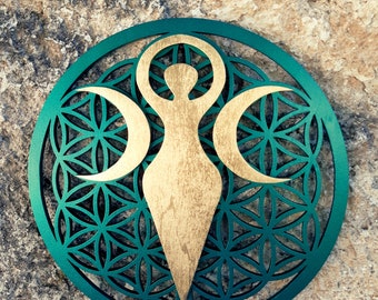Golden Triple Goddess Wiccan Wall Art, Triple Moon Decor, Witchy Dekor For Home, Flower Of Life Art, Laser Cut Wood