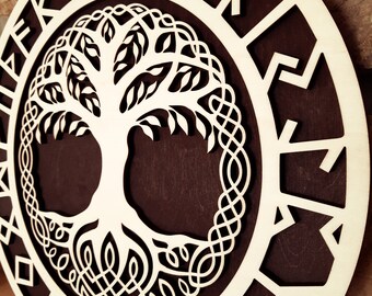 Celtic Tree Of Life Wall Art, Viking Runes Wall Decor, Norse Yggdrasil Wall Art, Laser Cut Wood, Gift For Him