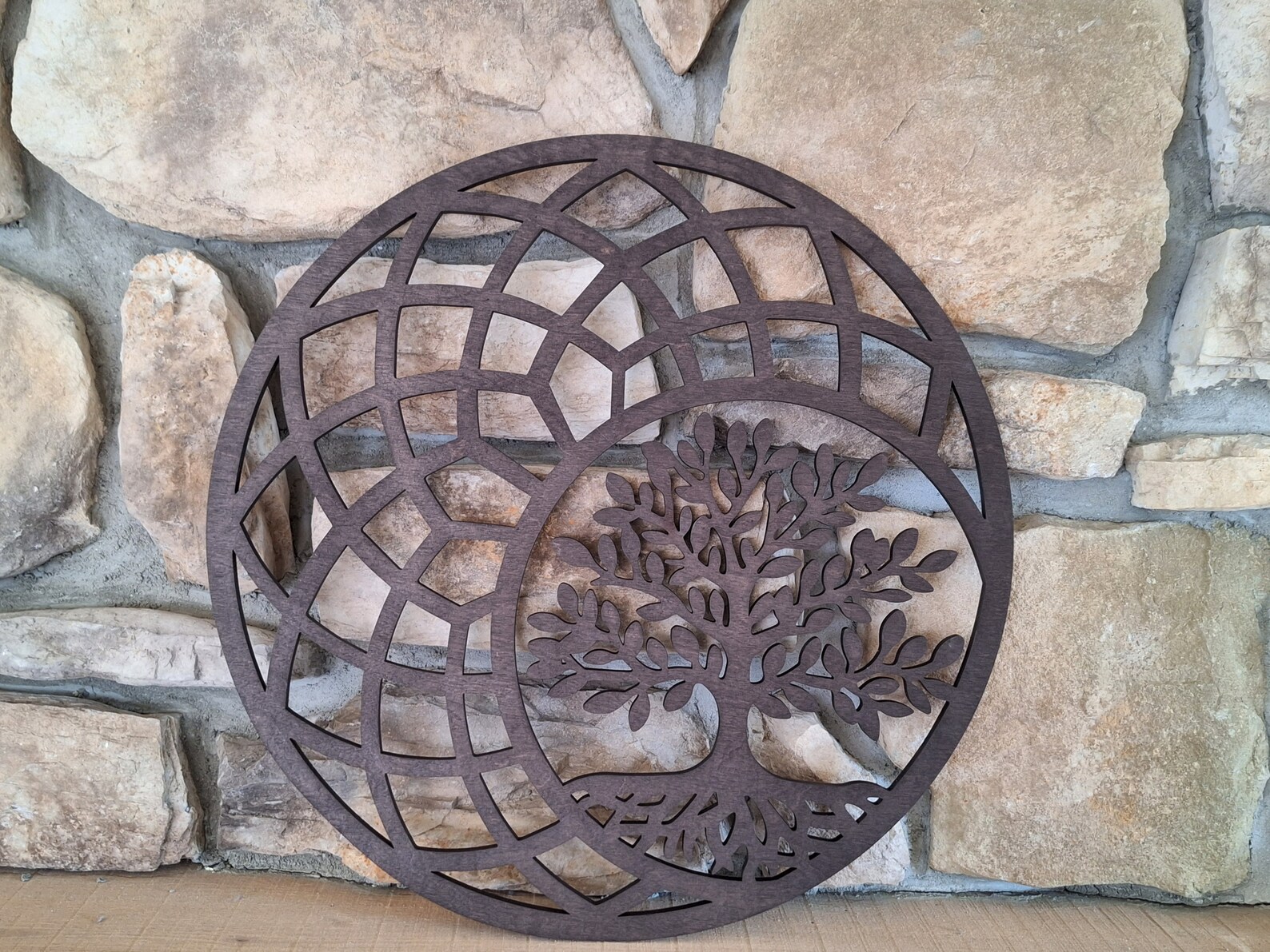 Sacred Geometry Tree of Life Wall Art, Geometric Dark Brown Wooden ...