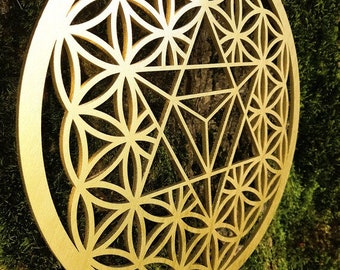 Gold Merkaba Wall Decor, Sacred Geometry Star Tetrahedron Wall Hanging, Flower Of Life Laser Cut Wood Art