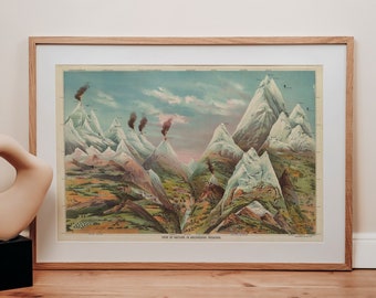 May include: A framed vintage print depicting a mountain range with erupting volcanoes. The artwork features a detailed illustration with a light wood frame. A cream-colored abstract sculpture sits on a black cube to the left of the framed print.
