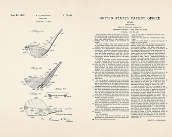 Puede incluir: Ilustración de patente de un club de golf vintage de la Oficina de Patentes de los Estados Unidos. El dibujo muestra vistas detalladas de la cabeza y el eje del club, con anotaciones y diagramas técnicos. El documento está fechado el 29 de agosto de 1939.