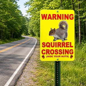 May include: A rectangular yellow metal sign mounted on a green post featuring a graphic of a gray squirrel. The sign displays the red text WARNING SQUIRREL CROSSING (HIDE YOUR NUTS) with small brown acorn illustrations on either side of the bottom text.