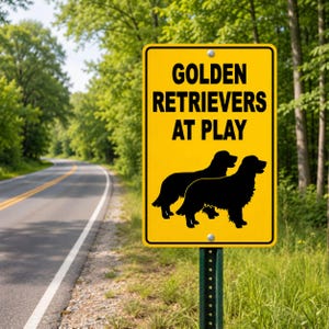 Golden Retrievers At Play Please Slow Down Sign / Decal    /  Caution / Magnetic Sign