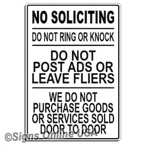 Magnetic sign no soliciting / do not ring or knock / do not post ads or flyers / we do not purchase goods or services sold door to door /i09
