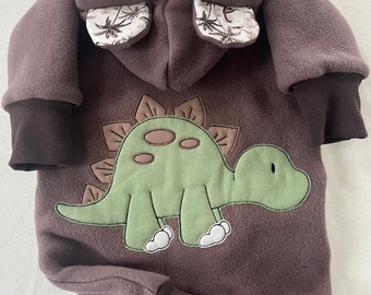 Overall, car suit, fleece overall made of 100% cotton, suit for babies and children in brown with embroidered dinosaur motif lined with jersey