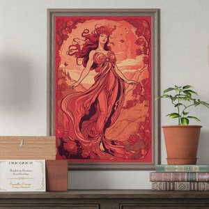 Stampa della dea Freya, poster opaco della mitologia norrena, stampa postale dell'arte vichinga, dea dell'amore e della fertilità, arte della parete rosa fantasy
