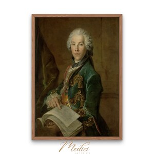May include: A portrait painting of a man in a green velvet jacket with gold embroidery, holding a book. He is wearing a white powdered wig and has a serious expression.