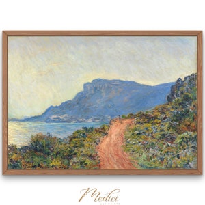 May include: A painting of a coastal landscape with a winding dirt road leading to a mountain range in the distance. The sky is a light blue with white clouds, and the sea is a deep blue. The mountain range is a light blue with a hint of purple. The road is a light brown with a hint of orange. The vegetation is a mix of green and yellow.
