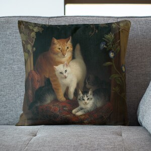 Vintage Cat with Kittens Art Throw Pillow: Double Sided Home Decor