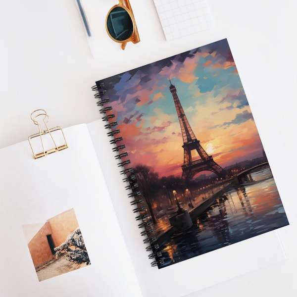 Paris Spiral Notebook, Eiffel Tower Seine River Art Cover, Ruled Line Paper, Metal Spiral Notebook, Document pocket, Paris Travel Journal