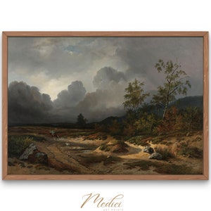 May include: A painting of a landscape with a cloudy sky and a path leading through a field. There are trees and bushes in the foreground, and hills in the background.