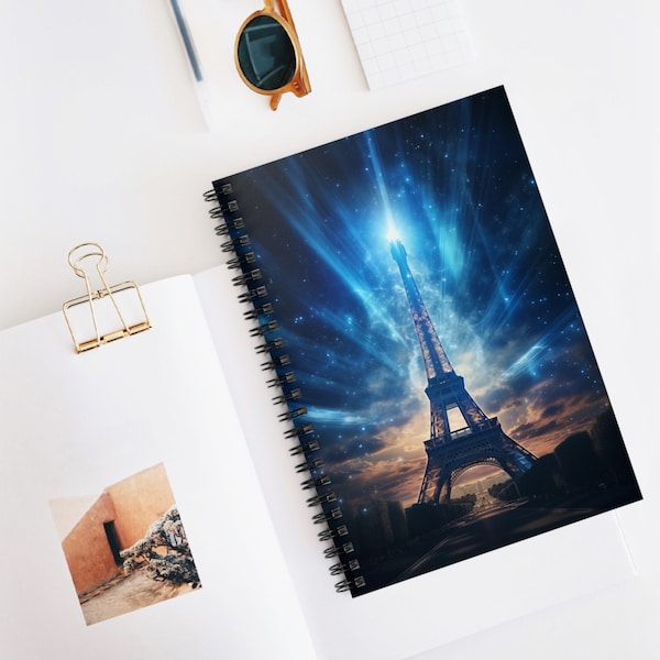 Eiffel Tower Spiral Notebook, Paris Landmark Art Hardcover, Ruled Line Paper, Vaporwave Notebook, Document pocket, Paris Travel Journal