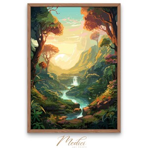 May include: A digital painting of a lush green forest with a waterfall flowing into a stream. The scene is framed by two trees, one on each side of the image. The sun is shining brightly in the background, casting a warm glow over the landscape.