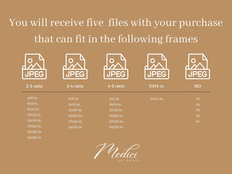 May include: A graphic showing five different image file sizes and their corresponding frame sizes. The image file sizes are 2-3 ratio, 3-4 ratio, 4-5 ratio, 11x14 inches, and ISO. The frame sizes are listed in inches and include standard sizes like 4x6, 6x9, 8x10, 12x16, 16x20, 20x25, 24x30, and 24x36. The ISO sizes are A5, A4, A3, A2, and A1.