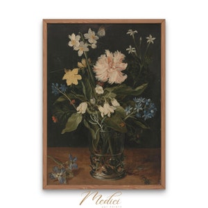 May include: A framed painting of a still life featuring a bouquet of flowers in a glass vase. The flowers are a mix of white, pink, yellow, and blue. The background is a dark green.