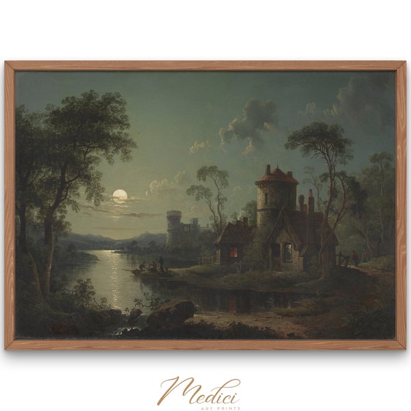 River Scene at Night, Sebastian Pether, 1840 | Printable Vintage Wall Art | Night Painting | Famous Paintings | Instant Download
