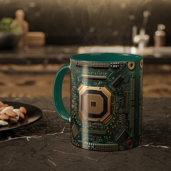 PCB Design Ceramic Coffee Mug | Circuit Board with Gold Contacts 11 oz Unique Cup | PC Computer Art  | Gift for Geeks | Green Hardware Mug