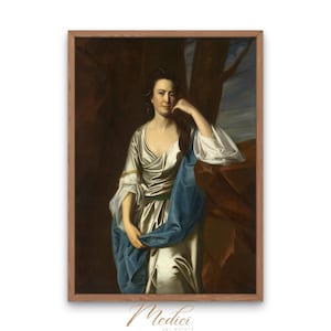 May include: A portrait painting of a woman in a white dress with a blue shawl, standing in a forest setting.