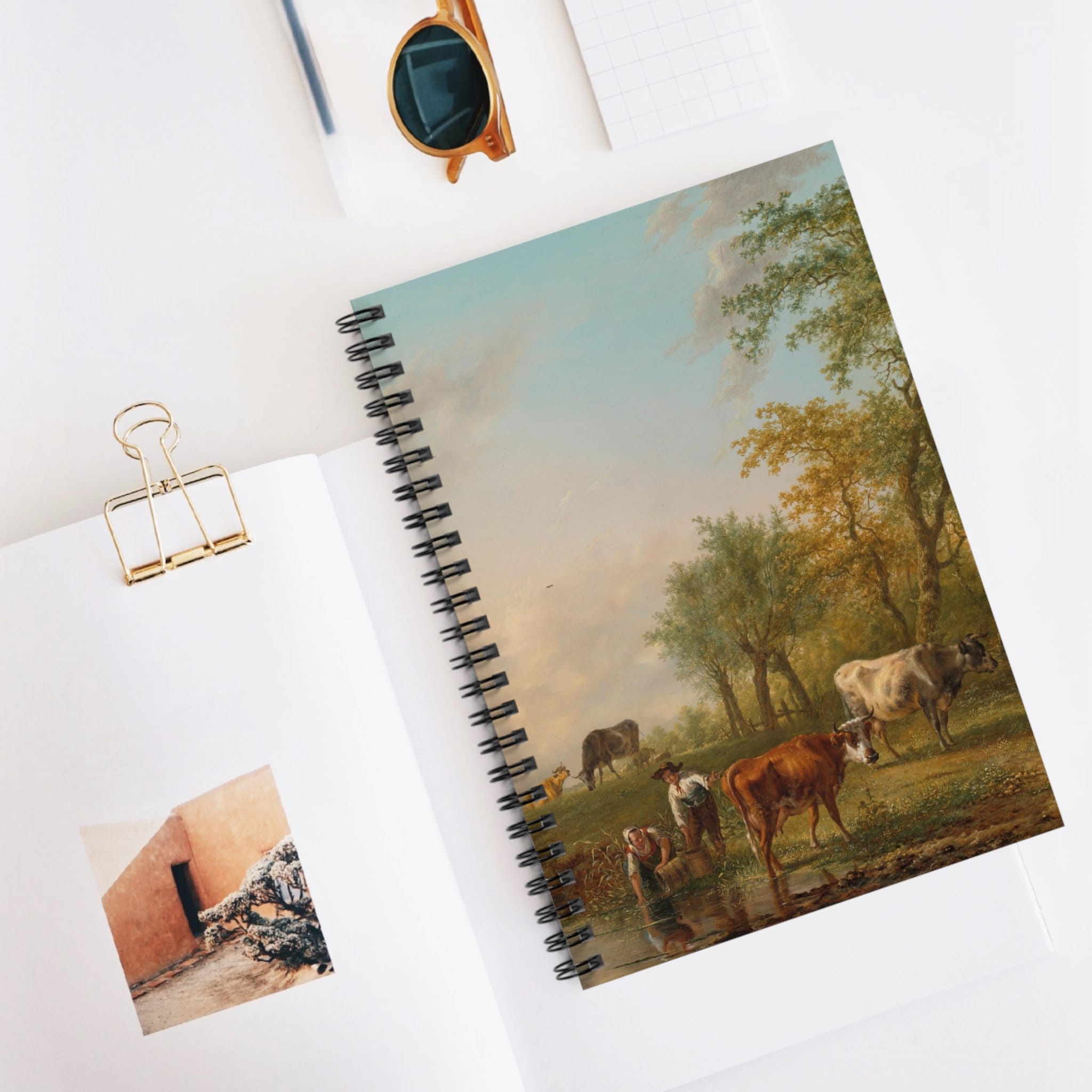Landscape with Cattle Notebook, Ranch Journal, Vintage Cows Art Cover, Ruled Line Paper, Metal Spiral Notebook with Document pocket