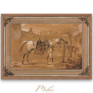 Saddled Arabian Horse in Courtyard, Carle Vernet, 1820 | Printable Vintage Wall Art | Famous Paintings | Instant Download