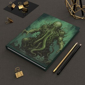 Cthulhu Art Journal | Green Cover Notebook | Hardcover Lined Notebook | Cosmic Horror Quote Journal | Lovecraftian Gift