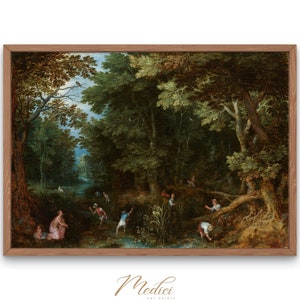 May include: A painting depicting a lush green forest scene with figures in the foreground. The figures are dressed in 17th-century clothing and appear to be engaged in various activities, such as walking, talking, and looking at something in the distance. The forest is filled with trees, bushes, and flowers, and the light is dappled and soft.
