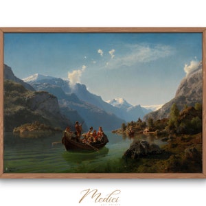 May include: A painting depicting a group of people in a boat on a lake surrounded by mountains. The sky is blue with white clouds. The water is a vibrant green.