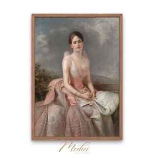 May include: A painting of a woman in a pink and white dress sitting on a bench. She is holding a white fan in her hands. The background is a cloudy sky.